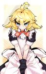  1girl ahoge alternate_costume apron black_dress black_gloves blonde_hair bow bowtie closed_mouth collared_dress commentary cross_scar dokibird dress english_commentary enmaided fang frilled_apron frills gloves green_eyes hair_between_eyes hair_ornament indie_virtual_youtuber light_blush looking_at_viewer maid maid_apron puffy_short_sleeves puffy_sleeves red_bow red_bowtie scar scar_on_arm short_hair short_sleeves skin_fang solo star_(symbol) star_print straight-on troubleshooter_bun upper_body v-shaped_eyebrows v_arms virtual_youtuber white_apron x_hair_ornament 