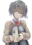  1girl araido_kagiri bow bowtie brown_sweater_vest cellphone closed_mouth collared_shirt commentary_request grey_hair highres holding holding_phone jiisan_baasan_wakagaeru knees_up long_sleeves looking_at_viewer orange_eyes pantyhose phone red_bow red_bowtie saitou_shiori_(jiisan_baasan_wakagaeru) school_uniform shirt short_hair simple_background sitting smartphone solo sweater_vest thai_commentary twintails upper_body white_background white_shirt 