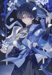  1boy 329kome armor belt bishounen black_background black_belt black_bodysuit black_bow black_bridal_gauntlets black_hair black_shorts blue_cape blue_gem blue_hat blue_jingasa blue_kimono blue_sleeves blunt_ends bodysuit bow bridal_gauntlets bright_pupils cape commentary_request falling_petals feathers flower furisode gem genshin_impact glint gold gold_ring hands_up hat highres japanese_armor japanese_clothes jingasa juban kimono kote kurokote layered_sleeves looking_at_viewer male_focus mandarin_collar middle_ring open_clothes open_kimono outdoors parted_lips petals pom_pom_(clothes) purple_eyes purple_rope purple_sash rope sash scaramouche_(genshin_impact) short_sleeves shorts side_cape single_bare_shoulder single_off_shoulder smile solo tilted_headwear tsurime twitter_username upper_body vision_(genshin_impact) wanderer_(genshin_impact) white_kimono white_mouth white_petals white_pupils white_sleeves wispy_bangs wisteria yellow_feathers 