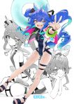  1girl :d @_@ animal_ears black_one-piece_swimsuit black_sandals blue_eyes blue_hair closed_mouth commentary_request commission full_body hair_between_eyes head_rest heterochromia holding holding_swim_ring horse_ears horse_girl horse_tail innertube jacket kanameya long_hair long_sleeves looking_at_viewer lop_rabbit_ears lying multicolored_jacket multiple_views on_stomach one-piece_swimsuit open_clothes open_jacket open_mouth outstretched_arm pink_hair purple_eyes rabbit_ears sandals sharp_teeth simple_background skeb_commission smile swim_ring swimsuit swimsuit_under_clothes tail teeth thigh_strap twin_turbo_(umamusume) twintails umamusume w white_background white_jacket 