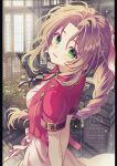  1girl absurdres aerith_gainsborough arestear0701 arm_belt arms_behind_back artist_name braid braided_ponytail breasts brown_hair choker church cleavage commentary_request cropped_jacket dress final_fantasy final_fantasy_vii final_fantasy_vii_remake flower_choker gold_buttons green_eyes hair_ribbon highres jacket light_smile long_hair looking_at_viewer medium_breasts parted_bangs parted_lips pink_dress pink_ribbon red_jacket ribbon sidelocks single_braid solo sunlight 