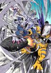  arm_belt armor asymmetrical_clothes asymmetrical_legwear bandaged_foot bandages belt blue_eyes blue_pants brass_knuckles brown_belt building claws commentary cyborg destruction digimon digimon_(creature) digimon_adventure dinosaur eikenkobayashi furry furry_male helmet highres horns knee_pads mechanical_arms metalgreymon missile missile_pod missile_trail motion_lines multiple_belts open_mouth pants red_hair scar scar_across_eye scar_on_face sharp_teeth single_mechanical_arm sky_surfing speed_lines spiked_kneepads teeth torn_wings weapon weregarurumon werewolf wings yellow_eyes 