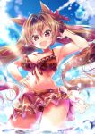  1girl animal_ears bikini bikini_skirt blue_sky blush breasts brown_hair cleavage commentary_request daiwa_scarlet_(mini_vacation)_(umamusume) daiwa_scarlet_(umamusume) fang frilled_bikini frills front-tie_bikini_top front-tie_top hair_intakes hand_on_own_hip hand_up highres horse_ears horse_girl horse_tail large_breasts long_hair looking_at_viewer navel ocean official_alternate_costume official_alternate_hairstyle open_mouth outdoors porurin red_bikini red_eyes sky smile solo stomach swimsuit tail twintails umamusume very_long_hair wading water 