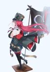  1girl alex0817 black_boots black_coat black_hat boots breasts coat commentary faux_figurine flag floating_hair full_body hair_bun halterneck hat heterochromia high_heel_boots high_heels highres holding holding_flag hololive houshou_marine houshou_marine_(marching_band) large_breasts leg_up looking_back multicolored_hair off_shoulder official_alternate_costume open_clothes open_coat peaked_cap red_eyes red_hair shako_cap sideboob simple_background solo standing standing_on_one_leg streaked_hair thigh_boots two-sided_coat two-sided_fabric two-tone_hair virtual_youtuber white_background white_hair yellow_eyes 