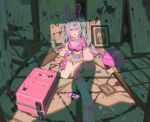  1girl absurdres animal_ear_hairband animal_ears backpack bag blood blood_on_wall bloody_handprints blush breasts candle cellphone chair cleavage commentary_request crack_of_light cropped_shirt dark_room fake_animal_ears frilled_skirt frills frown fusuma grey_hair guest_art hairband handprint highres horror_(theme) indoors konse_tsumimi large_breasts leg_warmers long_hair looking_at_viewer messy_room midriff miniskirt on_floor open_mouth outstretched_leg pentagram phone pink_shirt pink_shoes portrait_(object) pov_shadow rabbit_ear_hairband rabbit_ears school_chair selfie_stick shadow shirt shoes shouji sitting skirt sliding_doors smartphone solo_focus star-shaped_pupils star_(symbol) suitcase surprised symbol-shaped_pupils tatami torn_clothes torn_shirt tsumimi_jikan two_side_up unworn_bag vofan wide-eyed 