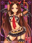  arms_behind_head artist_name bad_id bad_pixiv_id bat_wings blush breasts brown_hair chain cleavage colored_pencil_(medium) contrapposto demon_girl fishnets garter_straps heart_tattoo horns long_hair maco_(macoillust) marker_(medium) medium_breasts purple_eyes skirt smile solo spikes standing tattoo thighhighs traditional_media very_long_hair wings 