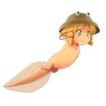  :&lt; ao_usagi blonde_hair blush blush_stickers flat_chest green_eyes hair_ribbon hat moriya_suwako navel nipples ribbon short_hair sidelocks simple_background solo tadpole tail touhou white_background 