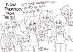  6+girls absurdres alternate_costume animal_ears antennae arm_up bat_wings bird_ears bird_wings bow bowtie capelet censored censored_profanity censored_text circled_9 cirno closed_eyes closed_mouth clothes_writing contemporary daiyousei detached_wings english_text fairy fairy_wings greyscale hair_between_eyes hair_bow hat hat_bow highres holding holding_microphone ice ice_wings lily_white microphone missing_headwear monochrome multiple_girls mystia_lorelei one_side_up open_mouth pants profanity rampa93 remilia_scarlet rumia scarlet_police shirt short_hair sitting sketch touhou winged_hat wings wriggle_nightbug 