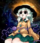  1girl @_@ acid_trip black_eyes black_hat bow buttons collared_shirt diamond_button disembodied_linked_eye eating empty_eyes eyeball floral_print frilled_shirt_collar frilled_sleeves frills galaxy green_hair green_skirt hat hat_bow heripantomorrow komeiji_koishi long_sleeves mushroom print_skirt rose_print shirt sitting skirt solo touhou wide_sleeves yellow_bow yellow_shirt 