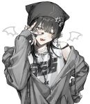  1boy :p ;p animal_hat black_hair black_hat black_nails blush cat_hat colored_eyelashes commentary demon_wings detached_wings ear_piercing earrings grey_eyes grey_hoodie hair_between_eyes hair_ornament hair_over_shoulder hat highres hood hood_down hoodie hoodie_partially_removed jersey jewelry long_hair mini_wings nail_polish necklace number_print one_eye_closed original partially_open_hoodie pearl_necklace piercing pointy_ears ring shirt simple_background sleeves_past_wrists solo sparkle_earrings spiked_ear_piercing star_(symbol) star_hair_ornament star_necklace star_print tongue tongue_out u2_e untranslatable_commentary upper_body v v_over_eye white_shirt wings wolf_cut 