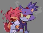  2girls amy_rose animal_ears blaze_the_cat blush cat_ears cat_girl closed_eyes commentary english_commentary forehead_jewel furry furry_female gloves grey_background heart hedgehog_girl holding_another's_arm multiple_girls rocketrrush sonic_(series) steam tail white_gloves yuri 