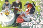  3boys 3others :3 absurdres ascot bench black_hair black_horns black_jacket black_pants black_shirt black_shoes black_wings blue_eyes brown_gloves butler cale_henituse cat cherry_blossoms closed_eyes collared_shirt commentary_request crossed_legs cup dragon dress_shirt dress_shoes falling_petals flower flower_on_head fluffy fox gloves grass green_eyes green_shirt grey_cloak grey_hair happy heterochromia highres holding holding_petal holding_teapot hong_(lout_of_count's_family) horns jacket korean_commentary long_hair looking_at_another lout_of_count's_family monchya_33 multiple_boys multiple_others ohn_(lout_of_count's_family) old old_man open_mouth outdoors pants petals pouring raon_miru red_eyes red_hair ron_(lout_of_count's_family) saucer shirt shoes short_hair sitting smile suit_pants table tea teacup teapot teeth twitter_username vase white_ascot white_flower white_gloves white_shirt wings wooden_bench yellow_eyes yellow_flower 