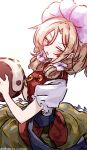  1girl absurdres artist_name blonde_hair blush commentary_request dated highres looking_at_viewer magatama one-hour_drawing_challenge orb puffy_short_sleeves puffy_sleeves red_vest sash shirt short_sleeves simple_background skirt solo tamatsukuri_misumaru touhou ve1024 vest waist_sash white_background white_shirt yellow_skirt yin_yang yin_yang_orb 