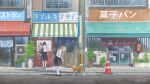  2girls artist_name awning bag black_hair black_shoes black_skirt blonde_hair blue_neckerchief building commentary_request condenser_unit dog dong_(dong_renaissance) highres medium_skirt multiple_girls neckerchief original plant ponytail potted_plant road sailor_collar scenery school_bag school_uniform serafuku shiba_inu shoes sign skirt socks standing storefront street thai_commentary traffic_cone twintails utility_pole vending_machine white_sailor_collar white_socks wide_shot 