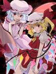  2girls absurdres ascot back_bow bat_wings blonde_hair blue_hair bow collared_shirt commentary_request crystal crystal_wings flandre_scarlet frilled_shirt_collar frilled_skirt frills hat hat_bow highres kuzumoti_107 looking_at_viewer medium_hair mob_cap multicolored_wings multiple_girls one_side_up open_mouth pink_hat pink_shirt pink_skirt red_bow red_eyes red_skirt red_vest remilia_scarlet shirt siblings single_wrist_cuff sisters skirt skirt_set smile touhou vest white_bow white_hat white_shirt wings wrist_cuffs yellow_ascot 
