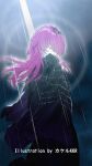  1girl alternate_hairstyle artist_name black_jacket cloud cloudy_sky commentary_request eyewear_on_head from_side hair_down honkai:_star_rail honkai_(series) jacket jacket_on_shoulders kafka_(honkai:_star_rail) kafka_(impression)_(honkai:_star_rail) long_hair looking_at_viewer official_alternate_costume purple_eyes purple_hair rain sky solo spider_web_print srpzk sunglasses 