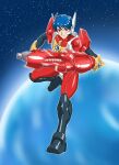  1boy android arm_cannon armored_boots arthur_(microman) blue_hair boots brown_eyes chiisana_kyojin_microman:_uborg_senki_2010 closed_mouth commentary_request full_body highres looking_at_viewer male_focus microman official_artist_extra oyomesandazo planet robot_ears short_hair smile solo space standing standing_on_one_leg star_(sky) weapon 