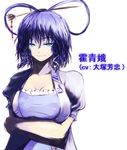  blue_eyes blue_hair breasts character_name cleavage crossed_arms evil_grin evil_smile glowing glowing_eyes grin hair_ornament hair_rings hair_stick kaku_seiga large_breasts onibi_(foxhound4185) smile solo touhou translated vest 