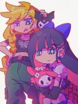  2girls black_choker black_gloves black_nails black_shirt blonde_hair blue_bow blue_eyes blue_hair blue_necktie blunt_bangs bow braid choker chromatic_aberration collared_shirt colored_inner_hair commentary_request cowboy_shot cross cross_earrings dot_nose earrings flower gloves green_pants hair_bow holding holding_stuffed_toy honla jewelry korean_commentary kuromi multicolored_hair multiple_girls my_melody my_melody_(series) necktie pants panty_&amp;_stocking_with_garterbelt panty_(psg) pink_nails puffy_short_sleeves puffy_sleeves sanrio shirt short_sleeves side_braid skull_belt skull_earrings squatting stocking_(psg) stuffed_toy 