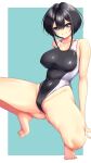  1girl arisu_(alice1019sm) black_hair black_one-piece_swimsuit breasts commentary_request competition_swimsuit covered_navel grey_eyes highleg highleg_one-piece_swimsuit highres large_breasts one-piece_swimsuit original short_hair sidelocks smile solo spread_legs squatting swimsuit tomboy two-tone_swimsuit wide_spread_legs 
