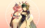  2girls absurdres alternate_costume arknights arknights:_endfield artist_name bare_shoulders black_dress black_gloves black_hair blue_gloves breasts china_dress chinese_clothes cleavage cleavage_cutout clothing_cutout commentary cowboy_shot crossed_arms daykii_777 dragon_girl dragon_horns dress earrings eastern_dragon_horns fur_shawl gloves green_eyes hair_intakes hair_ornament hair_stick hairband highres horns jacket jacket_on_shoulders jewelry large_breasts long_hair looking_at_viewer medium_hair mi_fu_(arknights) multiple_girls necklace pelvic_curtain pink_hair pointy_ears shawl side_slit sleeveless sleeveless_dress smile twitter_username very_long_hair white_dress zhuang_fangyi_(arknights) 