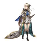  1girl another_eden another_eden_art_team aqua_eyes blonde_hair blue_neckerchief boots breasts butterfly_hair_ornament cloak closed_mouth coat collared_dress dress full_body hair_ornament high_heel_boots high_heels highres holding holding_sword holding_weapon isuka_(another_eden) large_variant_set lips long_hair long_sleeves looking_at_viewer medium_breasts neckerchief official_art open_clothes open_coat short_dress simple_background smile solo standing sword tachi-e thighs third-party_source transparent_background variant_set weapon white_cloak white_coat white_dress 