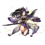 1girl another_eden another_eden_art_team armor azami_(another_eden) black_eyes black_hair breasts collarbone curtained_hair forehead_protector full_body glowing hair_ribbon highres holding holding_sheath holding_sword holding_weapon japanese_armor japanese_clothes katana kimono kote long_hair long_sleeves looking_at_viewer medium_breasts official_art on_one_knee parted_lips petals ponytail purple_ribbon ribbon samurai sheath shoulder_armor simple_background smile solo sword tachi-e third-party_source transparent_background unsheathing variant_set weapon white_kimono wide_sleeves 