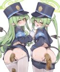  2girls aku0 anus armband ass back bar_censor belt black_belt blue_archive blue_armband blue_hat blue_jacket blue_skirt blue_trim blush censored clothes_pull commentary cowboy_shot cropped_jacket defecating demon_tail earrings epaulettes fang frown gloves gold_buttons green_hair green_halo halo hands_up hat highres hikari_(blue_archive) jacket jewelry kepi long_hair long_sidelocks looking_at_viewer looking_back military_hat mosaic_censoring multiple_girls no_panties nozomi_(blue_archive) o-ring open_mouth paid_reward_available pantyhose pantyhose_pull pantyhose_under_shorts pleated_skirt pointy_ears pussy scat shorts shorts_pull siblings sidelocks sisters skin_fang skirt sweat tail tsurime twins twintails very_long_hair very_long_sidelocks wavy_hair white_background white_gloves white_pantyhose yellow_eyes 