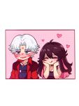  1boy 1girl ahoge black_choker black_tank_top blue_eyes blue_shirt blush breasts choker cleavage closed_eyes closed_mouth coat collarbone commentary dante_(devil_may_cry) devil_may_cry_(series) hands_on_own_cheeks hands_on_own_face heart highres jewelry large_breasts licking licking_lips lipstick lipstick_mark lipstick_mark_on_face lipstick_mark_on_neck long_hair looking_at_viewer makeup mizzu_(mizzuiita) mizzuiita necklace oc_x_canon original red_coat red_hair shirt short_hair simple_background smile tank_top tongue tongue_out very_long_hair white_hair 