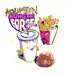  3boys aqua_teen_hunger_force bendy_straw commentary copyright_name cup disposable_cup drinking_straw english_commentary english_text facial_hair food french_fries frylock full_body gloves goatee highres large_nose looking_at_viewer male_focus master_shake meatball meatwad milkshake multiple_boys neal_d._anderson no_humans simple_background smile white_background yellow_gloves 