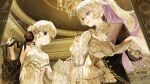  1boy 1girl :o androgynous aristocratic_clothes ascot bare_arms bishounen black_eyes black_jacket black_shirt blonde_hair borrowed_character braid braided_base bright_pupils brooch buttons chandelier clothes_hanger collarbone collared_shirt colored_inner_hair corset crossed_bangs double-parted_bangs dress dress_shirt earrings empty_eyes expressionless formal_clothes frilled_corset frills from_behind from_below gem hair_between_eyes heterochromia highres holding holding_clothes_hanger holding_unworn_clothes holding_unworn_dress indoors jacket jewelry juliet_sleeves lace light_blush long_hair long_sleeves looking_at_another looking_at_object mismatched_pupils multicolored_hair multiple_necklaces necklace nnnyj open_clothes open_jacket open_mouth original pearl_(gemstone) pearl_earrings pearl_necklace ponytail ponytail_with_braided_base puffy_sleeves purple_eyes purple_gem purple_hair ribbon shirt signature smile suit_jacket twitter_username two-tone_hair unworn_dress upper_body wavy_hair white_dress white_eyes white_hair white_pupils white_ribbon wing_collar yellow_ascot yellow_corset yellow_shirt 