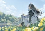  1girl apron barefoot black_dress black_hair blue_sky building closed_eyes cloud commentary_request dress field flower flower_field highres juliet_sleeves knees_up long_hair long_sleeves maid maid_apron maid_headdress nature open_mouth original outdoors puffy_sleeves shii_(kairi-t-k0317) sitting sky solo tree water white_apron white_headdress 