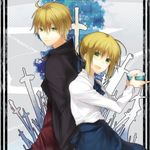  1girl ahoge arthur_pendragon_(fate) artoria_pendragon_(all) bad_id bad_pixiv_id blonde_hair casual dress dual_persona fate/prototype fate/stay_night fate_(series) genderswap genderswap_(ftm) green_eyes hair_ribbon kazutake_hazano ribbon rice saber 