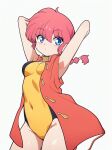  1girl blue_eyes blue_sky braid braided_ponytail breasts chinese_clothes commentary_request cowboy_shot highres medium_breasts odochi_(1or8) one-piece_swimsuit open_clothes open_shirt orange_one-piece_swimsuit ranma_1/2 red_hair red_shirt saotome_ranma saotome_ranma_(female) shirt simple_background single_braid sky solo standing swimsuit tangzhuang white_background 
