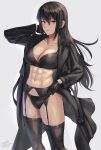  1girl abs absurdres black_bra black_coat black_garter_belt black_gloves black_hair black_panties black_thighhighs blush bra breasts cleavage coat collarbone commentary_request garter_belt gloves grey_background hand_up highres kantai_collection kokuzou large_breasts lingerie long_hair long_sleeves looking_at_viewer nagato_(kancolle) navel open_clothes open_coat panties parted_lips red_eyes simple_background solo standing thighhighs thighs underwear 