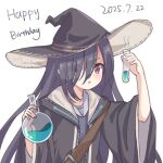  :o black_hair black_hat black_robe blush commentary_request dated flask hair_over_one_eye happy_birthday hat heaven_burns_red holding holding_flask kk0220 long_hair open_mouth red_eyes robe round-bottom_flask simple_background tenne_miko test_tube white_background witch_hat 