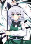  1girl bagu_(bagubagu_cr7) black_bow black_bowtie black_hairband bleeding blood blush bow bowtie closed_mouth collared_shirt commentary_request cuts dual_wielding falling_petals green_eyes green_skirt green_vest grey_hair hairband highres hitodama_print holding injury katana konpaku_youmu long_hair long_sleeves looking_at_viewer petals pink_petals sheath sheathed shirt simple_background skirt skirt_set solo sword touhou unsheathed vest weapon white_background white_shirt 
