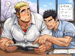  2boys arm_hair armband black_eyes black_hair blonde_hair blue_armband blue_eyes blue_shirt blush book cherry_blossoms closed_mouth dress_shirt earrings equation eraser facial_hair hand_on_another's_hand heart highres holding holding_book jewelry library looking_at_another looking_at_object male_focus mechanical_pencil multiple_boys muscular muscular_male necklace notice_lines open_book original pencil pencil_behind_ear polo_shirt school_uniform shirt short_hair short_sleeves sideburns silver_necklace speech_bubble spoken_heart stubble stud_earrings studying suamaru sweat thick_eyebrows thought_bubble two-tone_bow undershirt white_shirt yaoi 