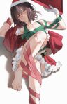  1boy absurdres barefoot commentary crossdressing crossdressing_(mtf) english_commentary gloves hat highres hiura_mihate kamiro_(kamin_r0) koisuru_(otome)_no_tsukurikata santa_hat solo toes white_gloves 