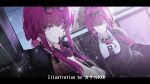 2girls artist_name black_jacket black_necktie breasts closed_mouth commentary_request dual_persona earrings eyewear_on_head finger_to_mouth gloves honkai:_star_rail honkai_(series) index_finger_raised jacket jacket_on_shoulders jewelry kafka_(honkai:_star_rail) kafka_(impression)_(honkai:_star_rail) large_breasts letterboxed looking_at_viewer multiple_girls necktie portrait purple_eyes purple_gloves purple_hair rain shirt shushing single_earring smile solo spider_web_print srpzk white_shirt 