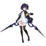  1girl :o ahoge animal_ear_legwear armband barcode black_capelet black_jacket black_shoes black_thighhighs blue_hair capelet child dhana_opini dress flat_chest full_body game_asset grey_eyes hair_between_eyes hair_ornament highres holding holding_scissors jacket knees_together_feet_apart last_origin mary_janes non-web_source official_art open_clothes open_jacket open_mouth pleated_dress ponytail ribbon scissors shoes short_hair short_ponytail side_ponytail simple_background solo soulworker standing tachi-e thighhighs transparent_background white_dress white_ribbon wide_sleeves yellow_armband zettai_ryouiki 