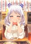  1girl :i absurdres animal_ears blurry blurry_background blush buttons casual closed_eyes closed_mouth commentary_request drink ear_covers ear_ornament eating facing_viewer food food_in_mouth food_on_face grey_hair hands_up head_rest highres hishi_miracle_(casual)_(umamusume) hishi_miracle_(umamusume) horse_ears horse_girl medium_hair redrawn sitting smile solo table tray umamusume wavy_mouth yukikawa_juri 