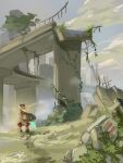  1boy absurdres blonde_hair bridge building city cloak cloud commentary_request energy_sword floating_hair from_behind golem_(mega_man) helmet highres long_hair mega_man_(series) mega_man_zero_(series) mega_man_zero_2 omochi_(mochi_skymega) outdoors overgrown red_helmet ruins scenery sky solo sword weapon wide_shot z_saber zero(z)_(mega_man) zero_(mega_man) 