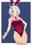  1girl absurdres animal_ear_hairband animal_ears blue_archive blue_background border breasts cleavage commentary_request covered_navel detached_collar fake_animal_ears fishnet_pantyhose fishnets grey_hair hair_ornament hairband halo hand_on_own_hip highleg highleg_leotard highres koshimizu_you leotard medium_breasts medium_hair mirai_(blue_archive) necktie one_eye_closed outside_border pantyhose playboy_bunny purple_eyes purple_halo rabbit_ears red_leotard red_necktie smile solo strapless strapless_leotard triangle_hair_ornament triangle_halo two-tone_background white_border wrist_cuffs 