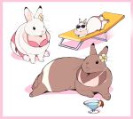  animal animal_ears animal_focus apple bikini border cocktail_glass commentary_request cup drink drinking_glass flower food fruit hair_flower hair_ornament highres ichthy0stega2 lying no_humans on_stomach original pink_border rabbit rabbit_ears simple_background sunglasses swimsuit tan tanlines tanning white_background 