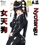  1girl artist_name belt black_hair blunt_bangs bodysuit breasts catsuit character_name commentary_request dated dead_or_alive dead_or_alive_6 full-length_zipper hair_ornament hat highres hime_cut large_breasts latex latex_bodysuit leather_suit licking_lips lips long_hair looking_at_viewer makeup mole mole_under_mouth nichijao nyotengu open_bodysuit open_clothes purple_eyes signature simple_background solo tengu tokin_hat tongue tongue_out white_background zipper 