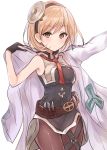  1girl absurdres armpits bangs bare_arms bare_shoulders belt black_dress black_gloves blonde_hair blush breasts brown_belt brown_eyes brown_legwear closed_mouth coat cowboy_shot djeeta_(granblue_fantasy) doctor_(granblue_fantasy) dress gloves granblue_fantasy hairband hand_up highres jacket labcoat long_sleeves looking_at_viewer medium_breasts natsu_(sinker8c) necktie open_clothes open_coat outstretched_arm pantyhose red_neckwear short_dress short_hair sidelocks simple_background sleeveless sleeveless_dress solo standing white_background white_coat 