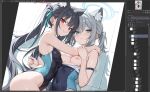  2girls alternate_costume animal_ear_fluff animal_ears art_program_in_frame ass black_one-piece_swimsuit blue_archive blue_eyes blue_halo blue_one-piece_swimsuit blue_ribbon blush breasts bright_pupils brown_hair cat_ears clothes_pull commentary competition_swimsuit covered_navel cross cross_hair_ornament double-parted_bangs grey_hair hair_between_eyes hair_ornament hair_ribbon halo highres hug inverted_cross long_hair looking_at_viewer medium_breasts medium_hair mismatched_pupils multiple_girls nipples official_alternate_costume one-piece_swimsuit one-piece_swimsuit_pull parted_lips pinned red_eyes red_halo ribbon screenshot serika_(blue_archive) shadow shiroko_(blue_archive) shiroko_(swimsuit)_(blue_archive) side_ponytail sidelocks skindentation small_breasts smile sweat swimsuit t1kosewad tile_floor tiles turning_head twintails unfinished untranslatable_commentary upper_body very_long_hair white_pupils wolf_ears 