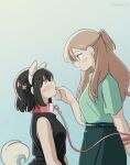  2girls animal_ear_hairband animal_ears bdsm black_hair black_shirt blue_eyes blue_shirt blush brown_hair closed_mouth collar commentary_request dog_ear_hairband dog_ears drooling earrings eye_contact fake_animal_ears fake_tail grabbing_another's_tongue green_skirt hairband half_updo holding holding_leash jewelry kinsei_3 leash long_hair looking_at_another multiple_girls original saliva shirt short_hair skirt smile stud_earrings tail tongue tongue_out yuri 