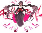  4_(nakajima4423) braid collared_shirt commentary_request danganronpa:_trigger_happy_havoc danganronpa_(series) floating_hair fukawa_toko genocider_sho glasses hair_between_eyes holding_own_skirt long_hair long_skirt long_sleeves neckerchief purple_hair purple_serafuku purple_shirt purple_skirt red_eyes red_neckerchief red_shoes sailor_collar school_uniform scissors serafuku shirt shoes skirt skirt_set smile socks standing tongue tongue_out twin_braids twintails very_long_hair white_background white_sailor_collar white_socks 